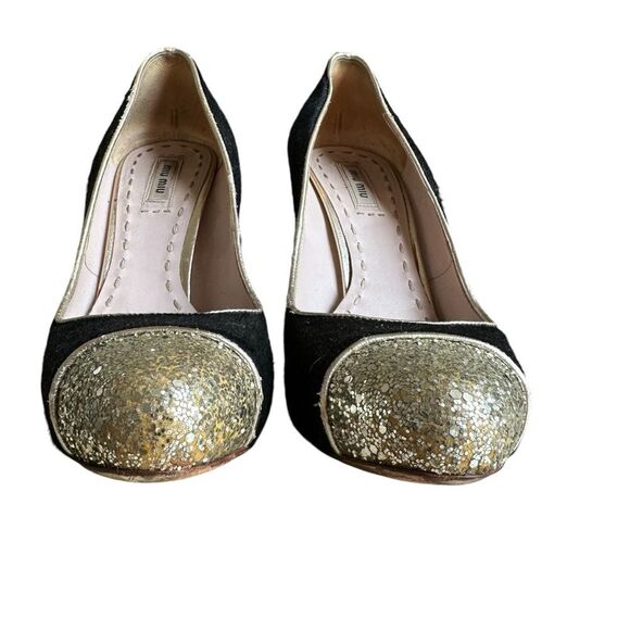 Miu Miu Black/Gold Calf Hair And Coarse Glitter Cap-Toe Block Heel Pumps Size 40 - Picture 11 of 14